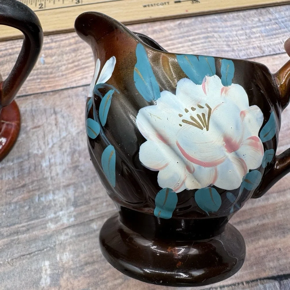 Vintage Japanese Moriage Redware Tea Set Floral‎ 1940s Pottery Pot Creamer Sugar